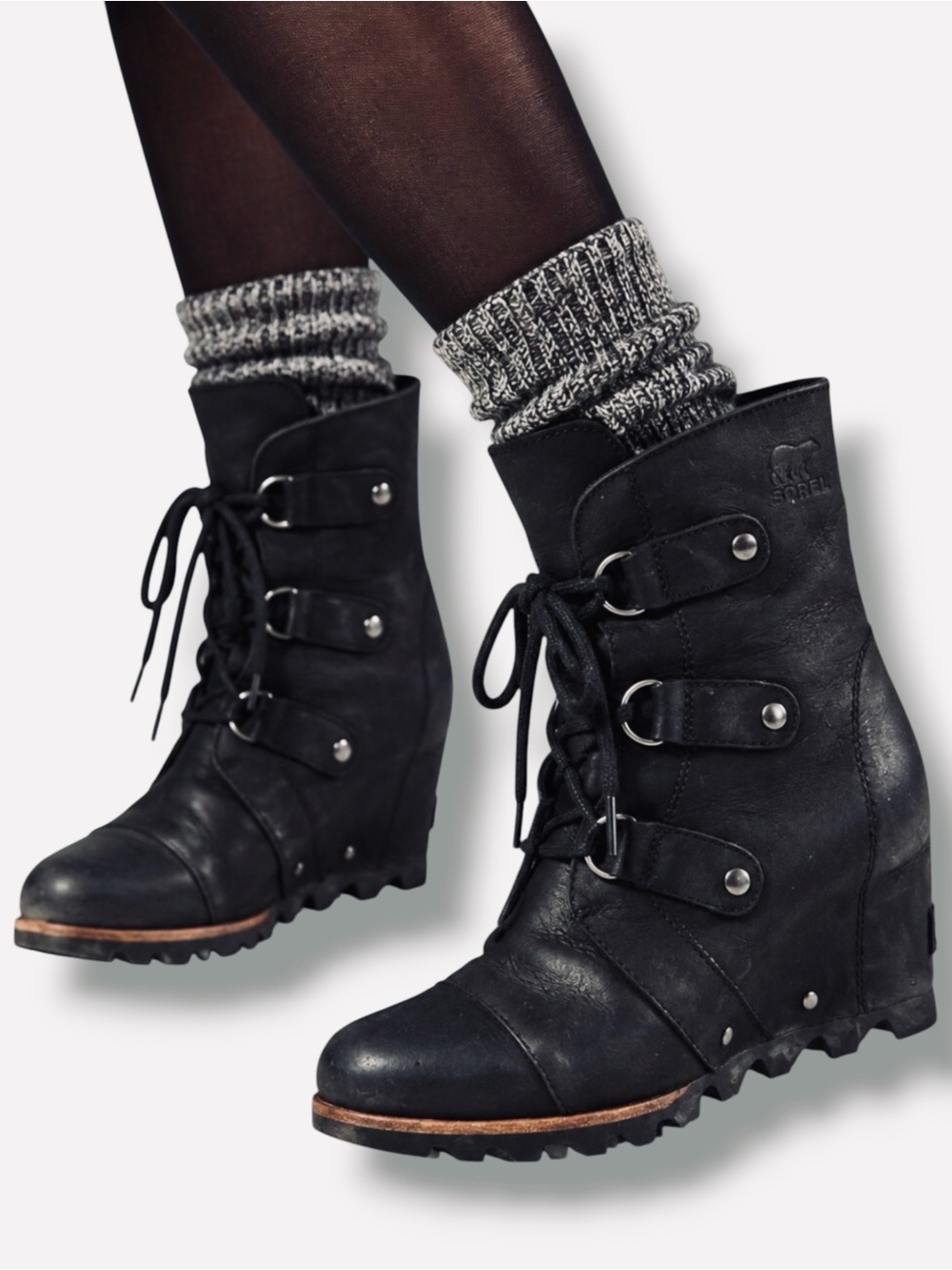 Sorel Joan Of Arctic Hidden Wedge Mid Boots Leather Waterproof 9 NL2173 Black